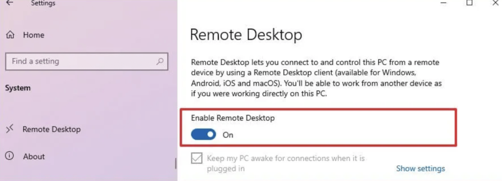 System category in Settings app with Remote Desktop selected in the left sidebar and a red square around the toggle for Enable Remote Desktop
