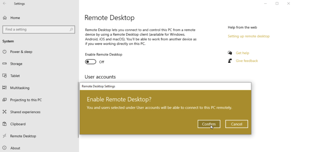 Confirmation window for enabling remote desktop