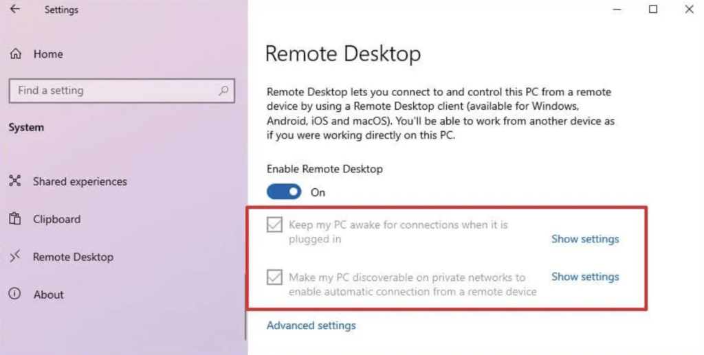 Remote Desktop screen in settings with red square around options to keep PC awake for connection when it is plugged in and make PC discoverable on private networks