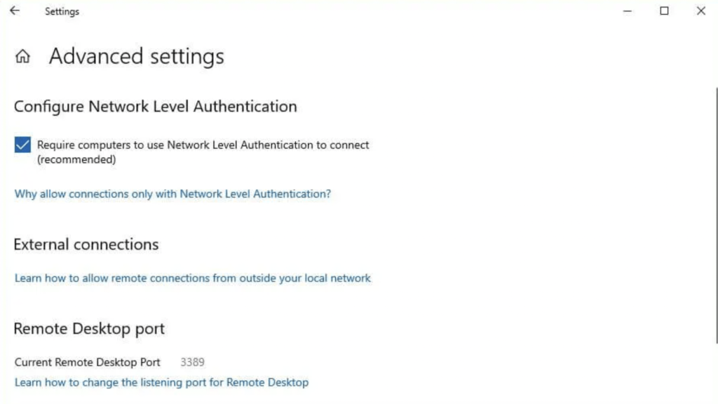 Advanced Settings screen