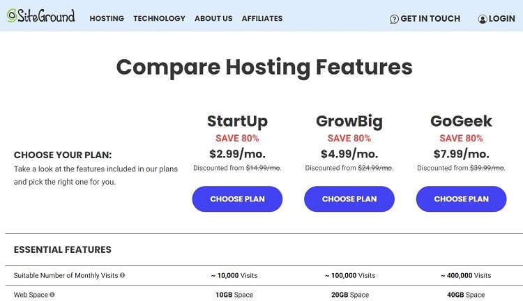 SiteGround pricing plans