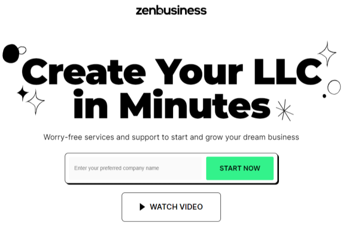 ZenBusiness landing page for business formation services