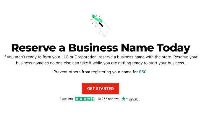 ZenBusiness reserve a business name webpage
