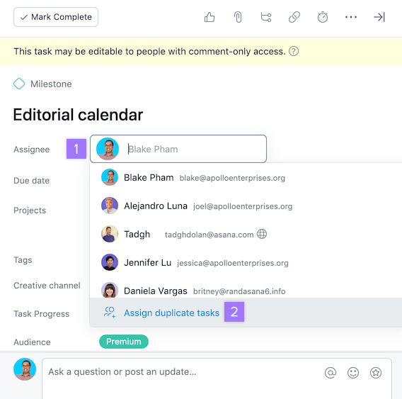 Asana editorial calendar