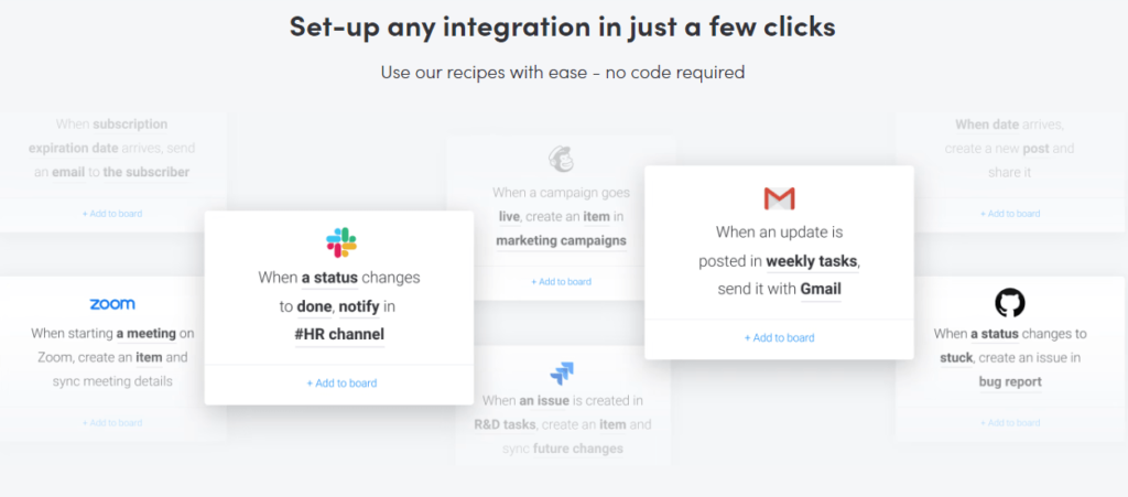 Monday.com page to set up integrations in just a few clicks