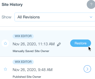 Wix editor showing latest backups and option to restore site
