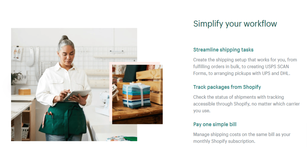 Shopify page that says "Simplify your workflow"