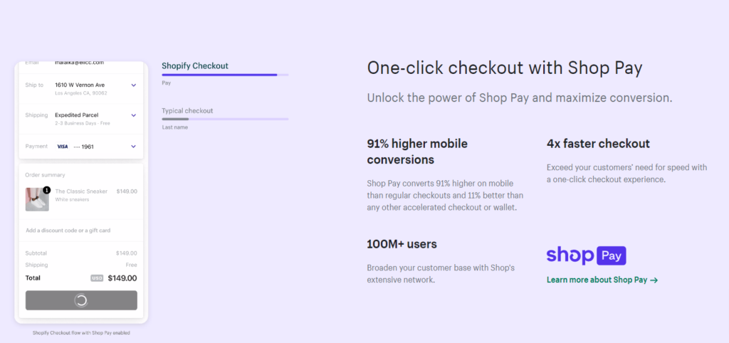 Shopify page that says "One-click checkout with Shop Pay"