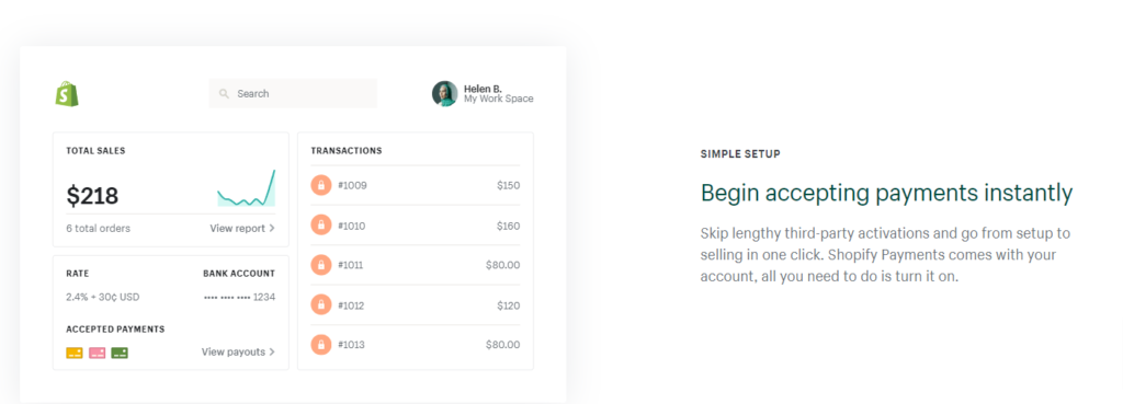Shopify simple setup page that says "Begin accepting payments instantly"