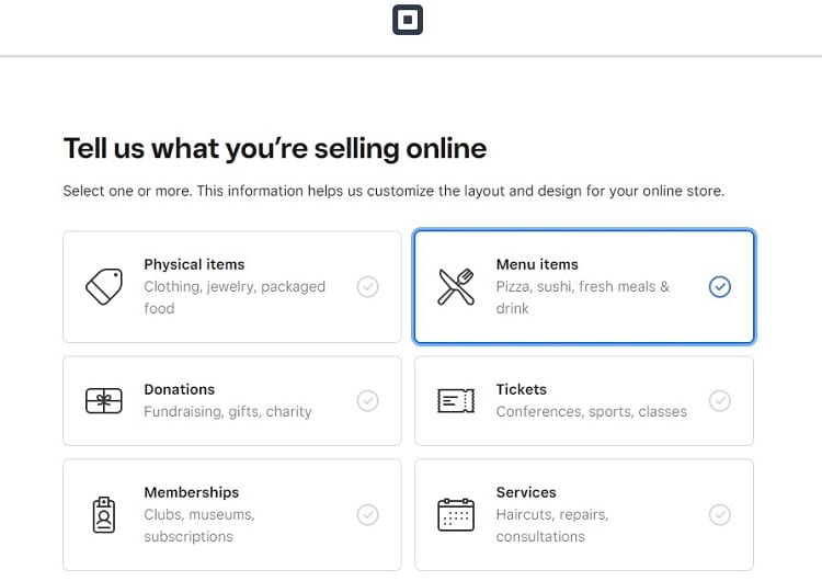 Square getting started page to choose what you're selling online