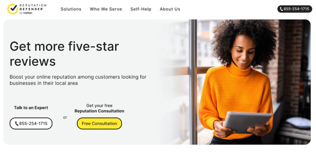 ReputationDefender landing page that says, "Get more five-star reviews"