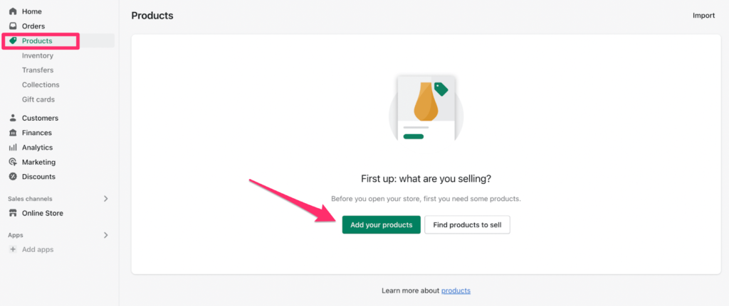 Shopify products menu with red arrow pointing to "Add your products" button