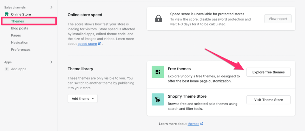 Shopify settings with red box around "Themes" and red arrow pointing to "Explore free themes" button
