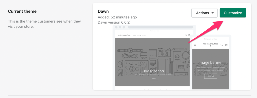 Shopify current theme page with red arrow pointing to Customize button