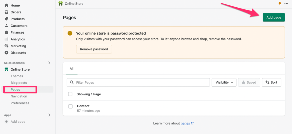 Shopify "Pages" menu with red arrow pointing to "Add page" button