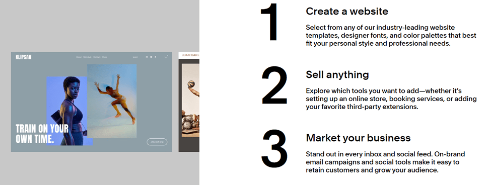 Squarespace page with templates and three steps to get started: Create a website, Sell anything, and Market your business.