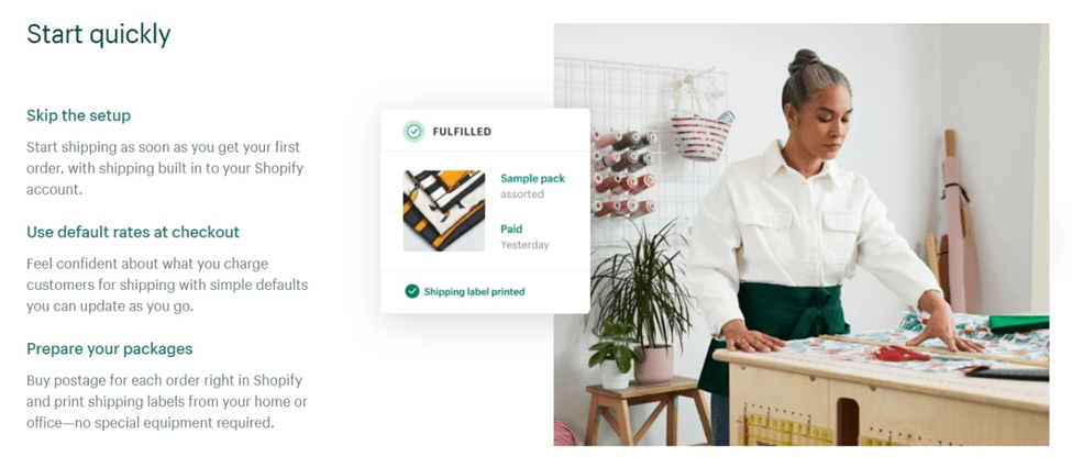 Shopify "Start Quickly" page for shipping