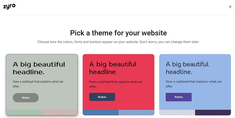 Zyro page to pick a theme for your website