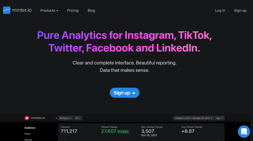 Mister.io pure analytics for Instagram, TikTok, Twitter, Facebook, and LinkedIn landing page