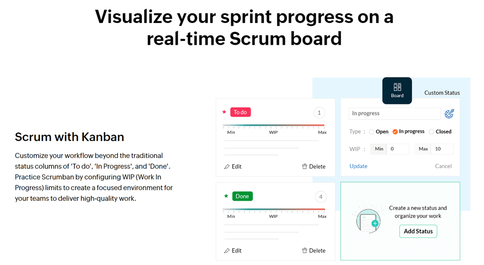 Zoho Scrum page with heading that says, "Visualize your spring progress on a real-time Scrum board"