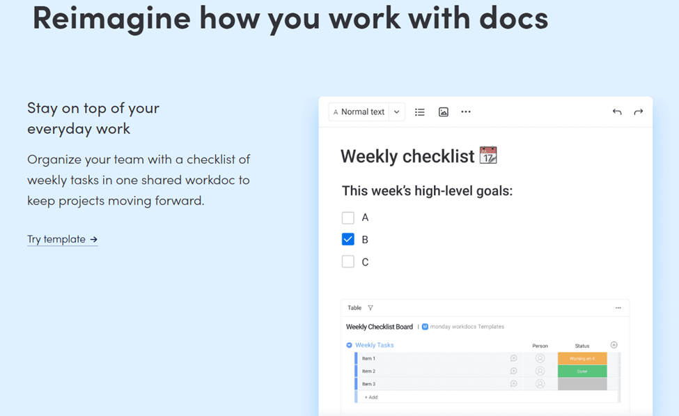 Monday.com page with heading that says, "Reimagine how you work with docs"