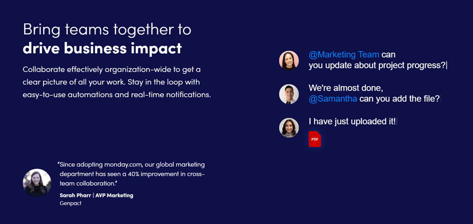 Monday.com collaboration page with heading that says, "Bring teams together to drive business impact"