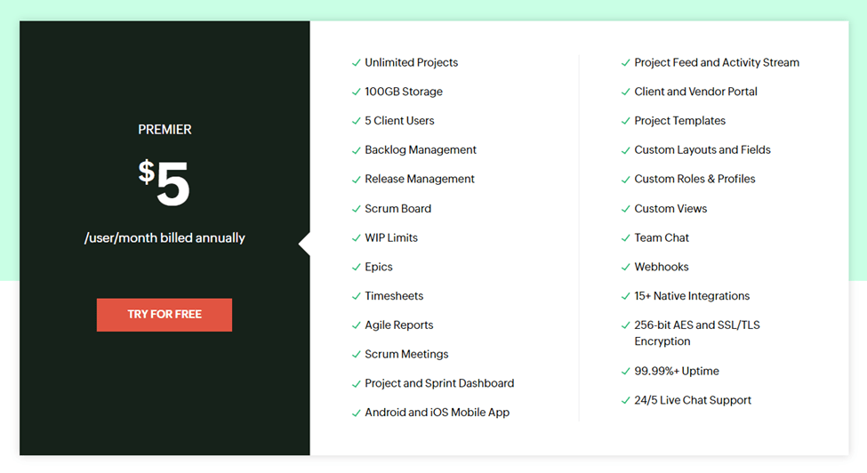 Zoho Sprints pricing with list of feature and red button that says "Try for free"