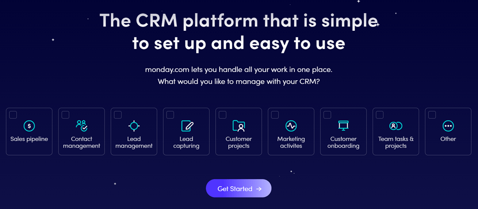 Monday.com home page with heading that says, "The CRM platform that is simple to set up and easy to use."