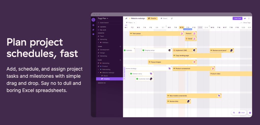 A screenshot showing how Toggl Plan helps you schedule multiple projects with multiple deadlines.