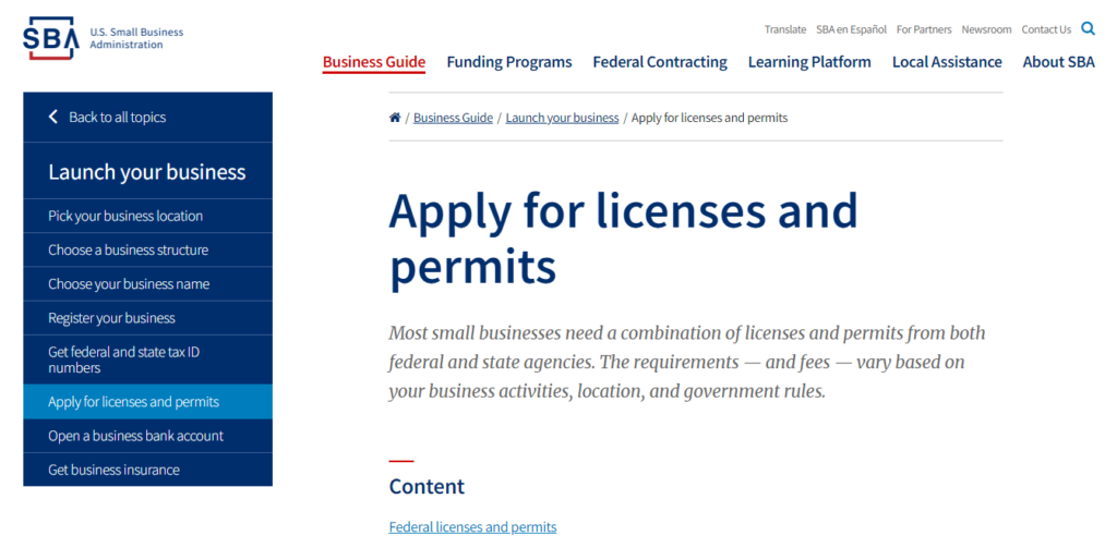 Small Business Administration page for applying for business licenses and permits