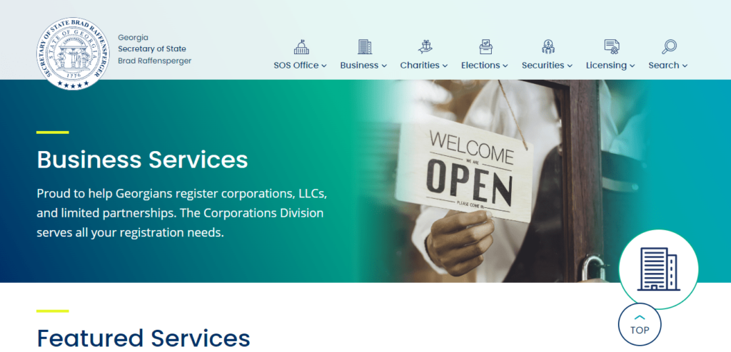 Georgia Secretary of State Office website page for Business Services