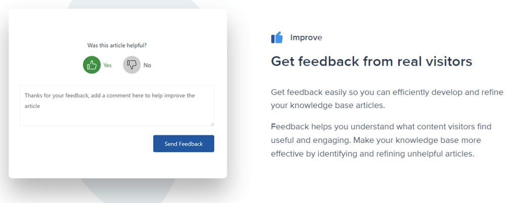 Knowledge base software page that says "Get feedback from real visitors" with an image that asks "Was this article helpful?"