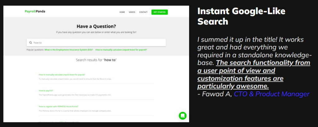An image from PayrollPanda's help page with headline that says "Instant Google-Like Search"