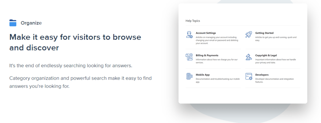 Knowledge base software page that says "Make it easy for visitors to browse and discover"