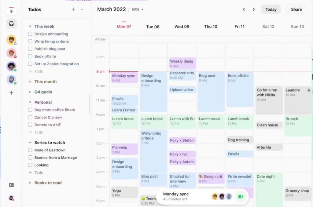 Screenshot of Amie calendar showing a weekly view in March 2022 with activities labelled and color coded