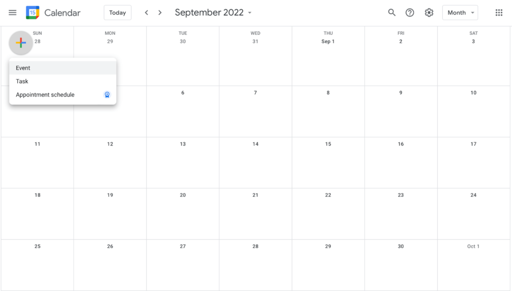 Screenshot of Google calendar showing monthly view for September 2022 with dropdown options to add event, task, or appointment schedule