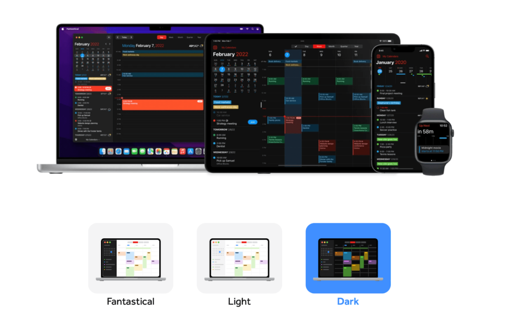 Screenshot showing Fantastical calendar app on laptop, tablet, phone, and smart watch with options to choose light or dark mode