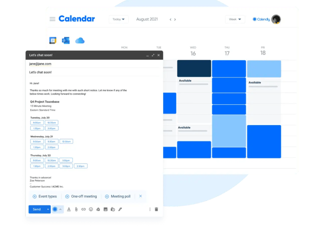 Screenshot of Calendly calendar with pop-up of email calendar invitation