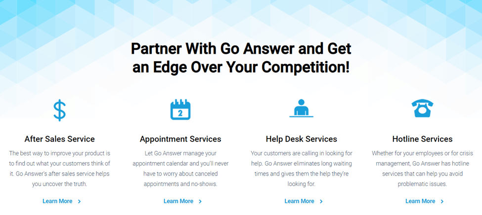 Go Answer page that shows service features, including after sales service, appointment services, help desk services, and hotline services