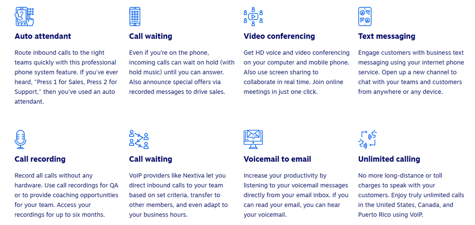 Screenshot showing Nextiva features: Auto attendant, call waiting, video conferencing, text messaging, call recording, call waiting, voicemail to email, and unlimited calling