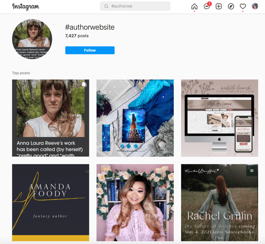 An Instagram search of #authorwebsite pulls up 7,427 posts, many of them recent.