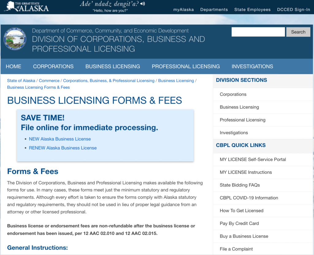 An example of a state government’s homepage for business licensing forms and fees.]
