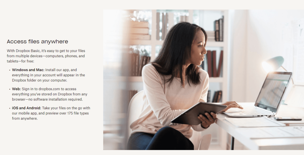 Dropbox landing page to access files anywhere