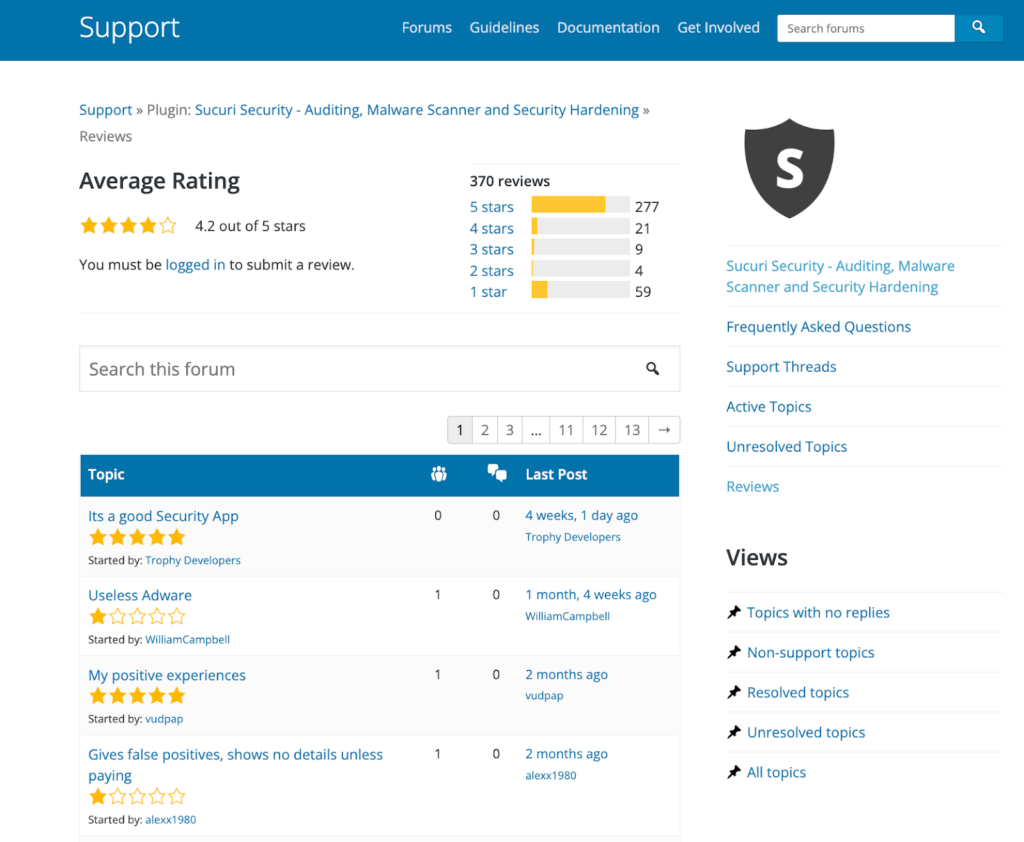 Wordpress page for Sucuri Security plugin showing ratings and reviews