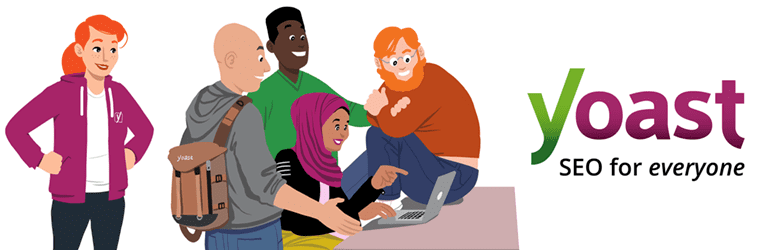 Yoast SEO graphic with animated image of people huddled around laptop