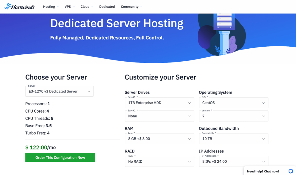 Screenshot of Hostwinds Dedicated Server Hosting webpage