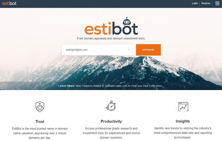 EstiBot free domain appraisal and domain investment tools landing page