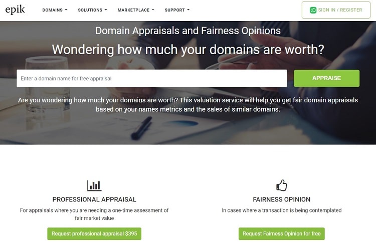 Epik domain appraisals landing page