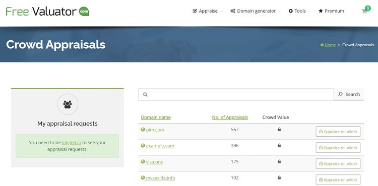Free Valuator appraisals page