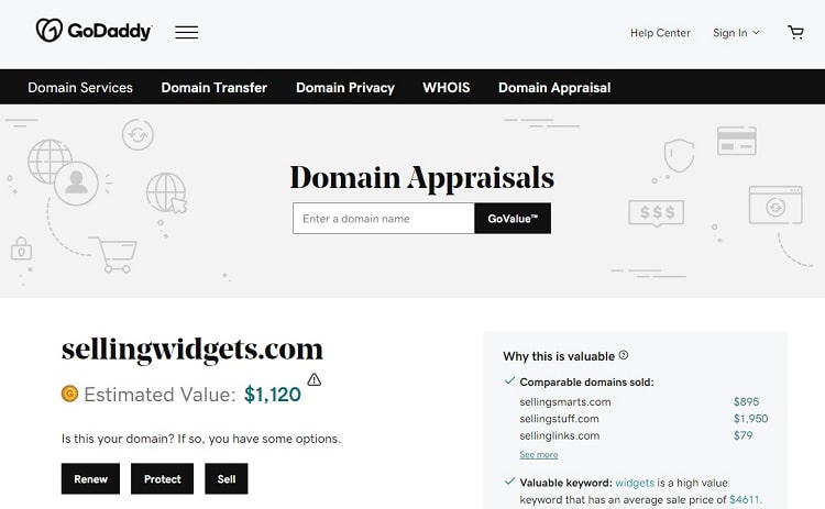 GoDaddy domain appraisals landing page
